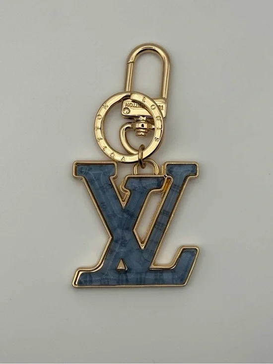 Louis Vuitton Gold and Blue Marble LV Charm Key Ring - Picture 1 of 3